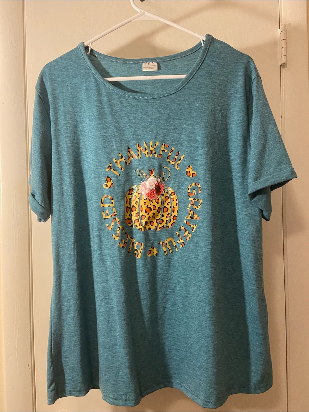 Women's Teal Short Sleeve Graphic Tee - Thankful Pumpkin